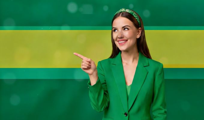Kobieta w zielonej marynarce, wskazująca placem swojej prawej dłoni na jej prawą stronę.