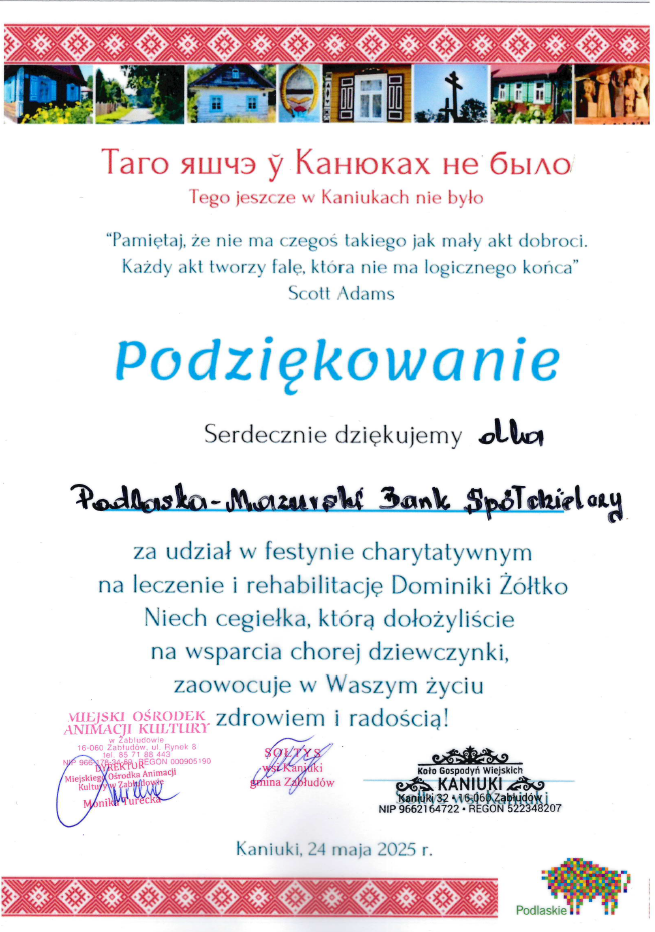 Podziekowanie KGW Kaniuki