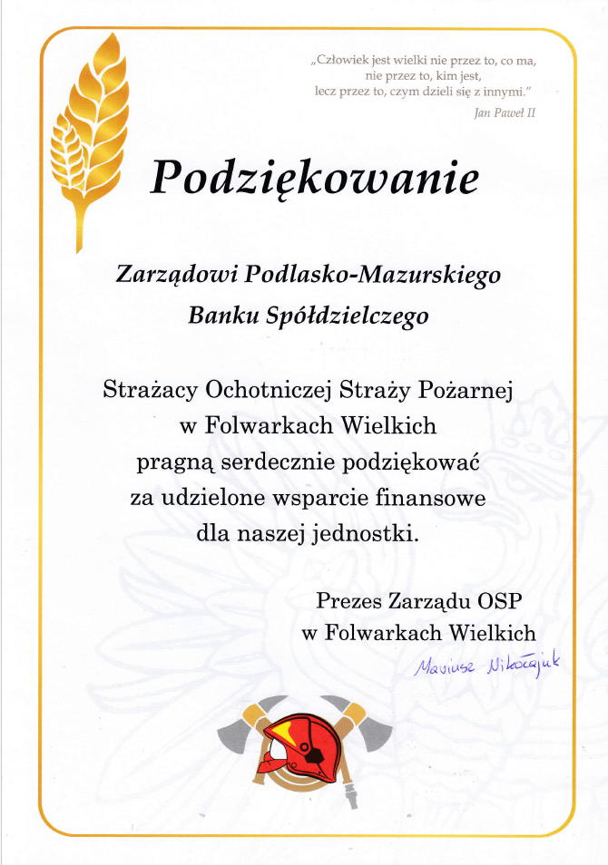 Podziekowanie Straz Pozarna Folwarki